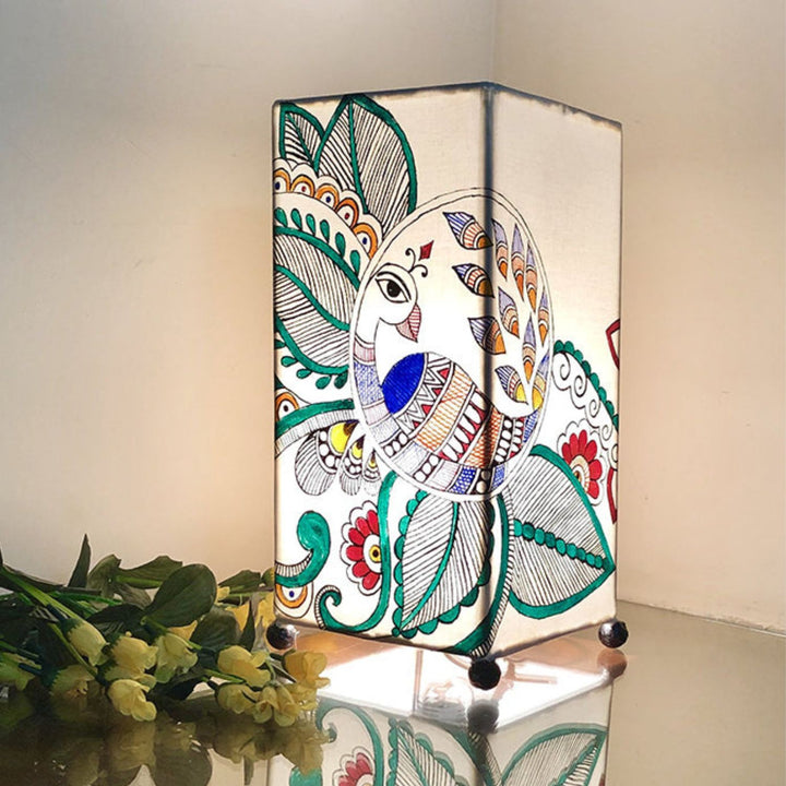 Madhubani Peacock Rectangular Table Lamp  | Hand-Painted | 12 X 6 Inch