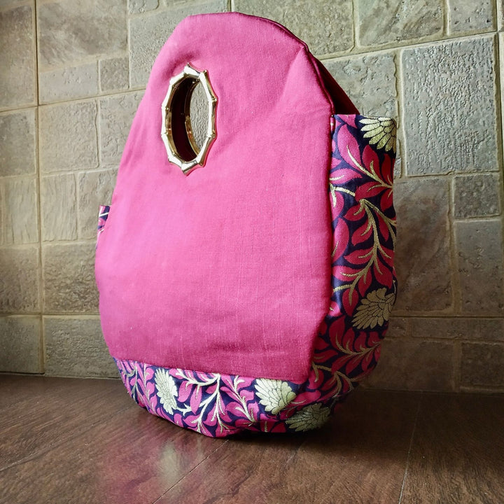 Magenta Round Silk & Banarasi Bag | For Festive Elegance