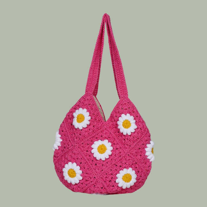 Daisy Floral Hand-Crafted Tote Bag | Hand-Crochet | Cotton Yarn | Rose Pink