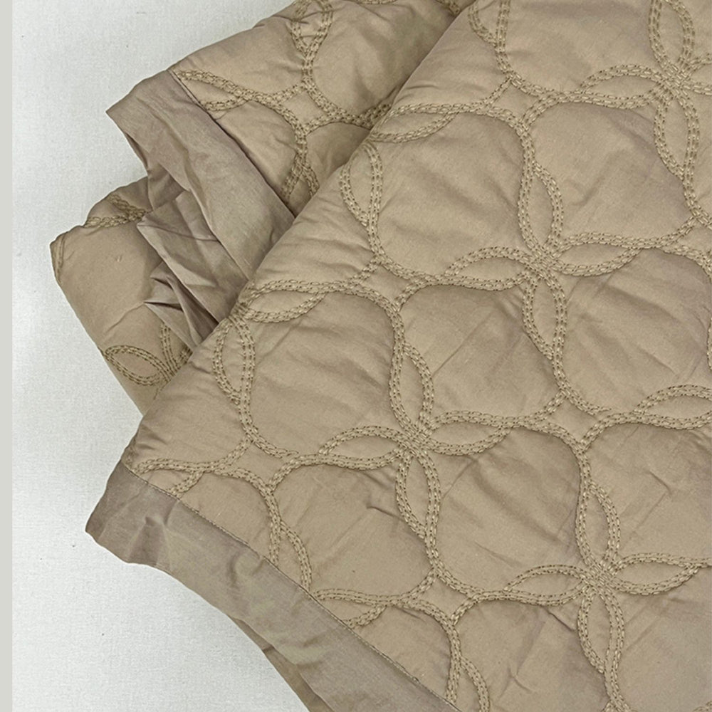 Stellate Flower Embroidered King Size Quilt | 100% Cotton | Beige