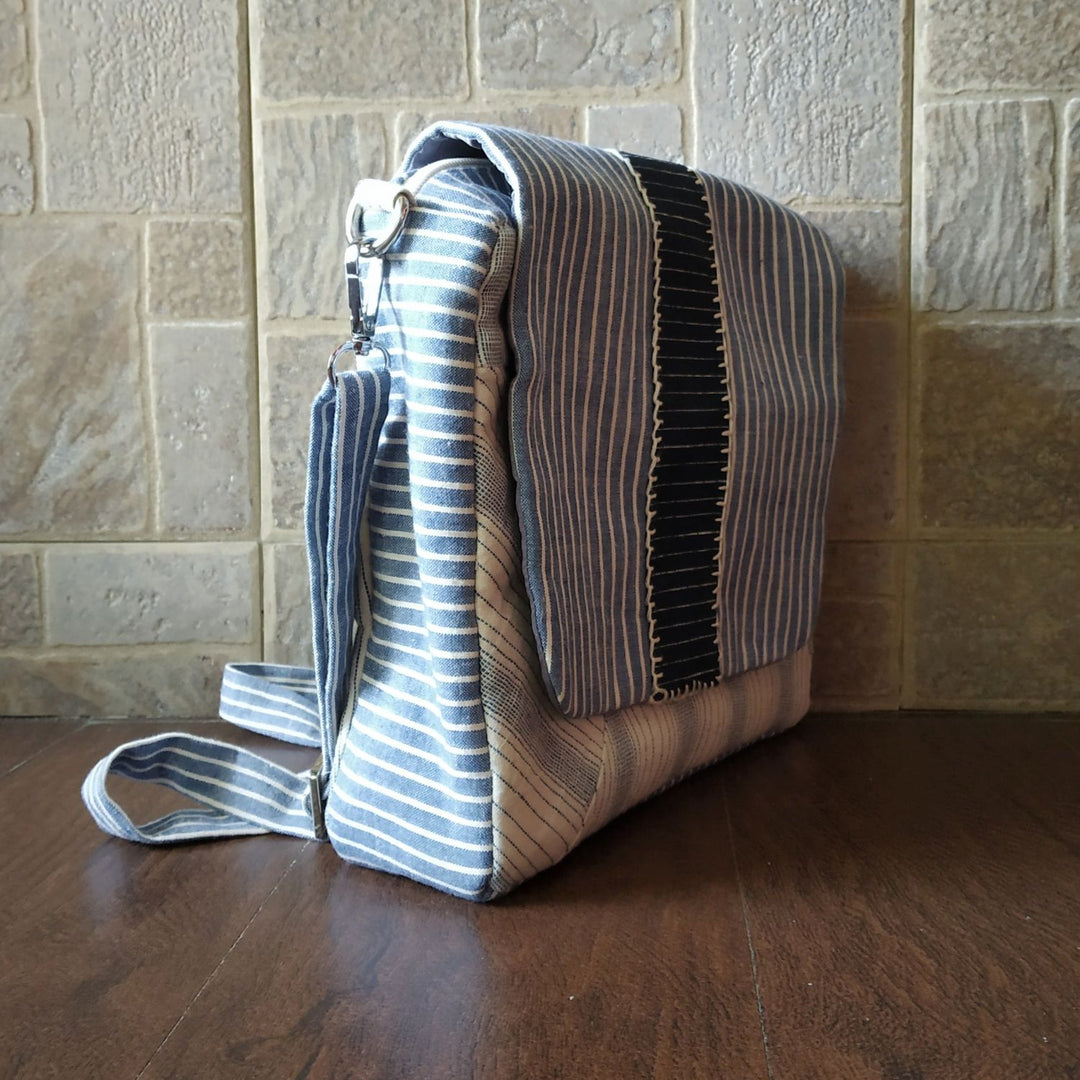 White & Ice Blue Kala Cotton Messenger Bag | Hand Crafted