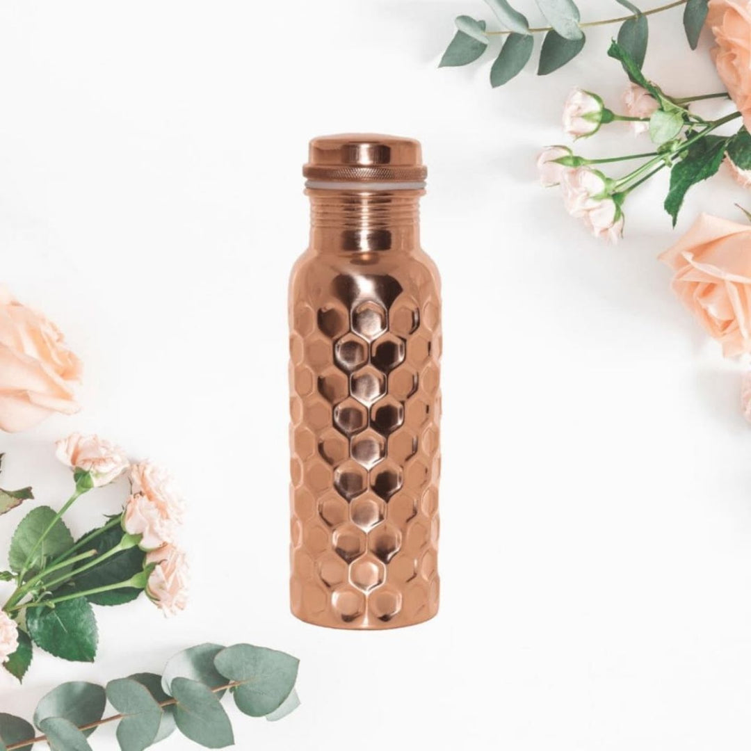 Diamond Design Copper Bottle With Mugs | Diwali Gift Set Of 3 | 750 ML