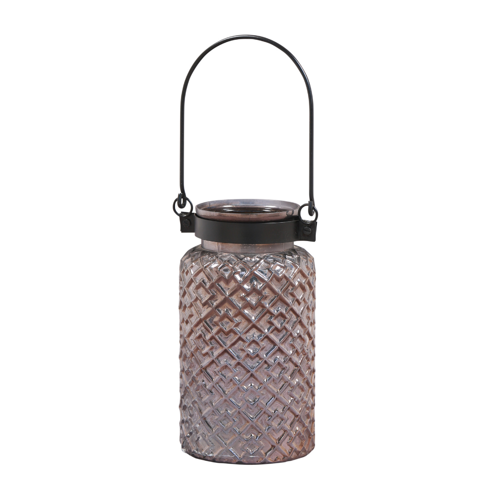 Patterned Glass Black Lustre Lantern | Table Top Accent | Festive Decor | Hand-Made | Black | 12"