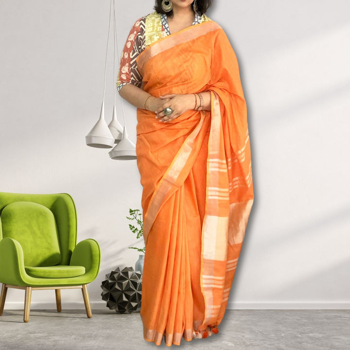 Orange Cotton Linen Saree | With Silver Zari Border | Tasselled Fringes 