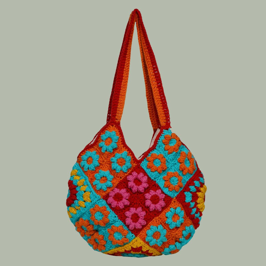 Floral Tote Bag | Hand-Crochet | Cotton Yarn | Crimson Red