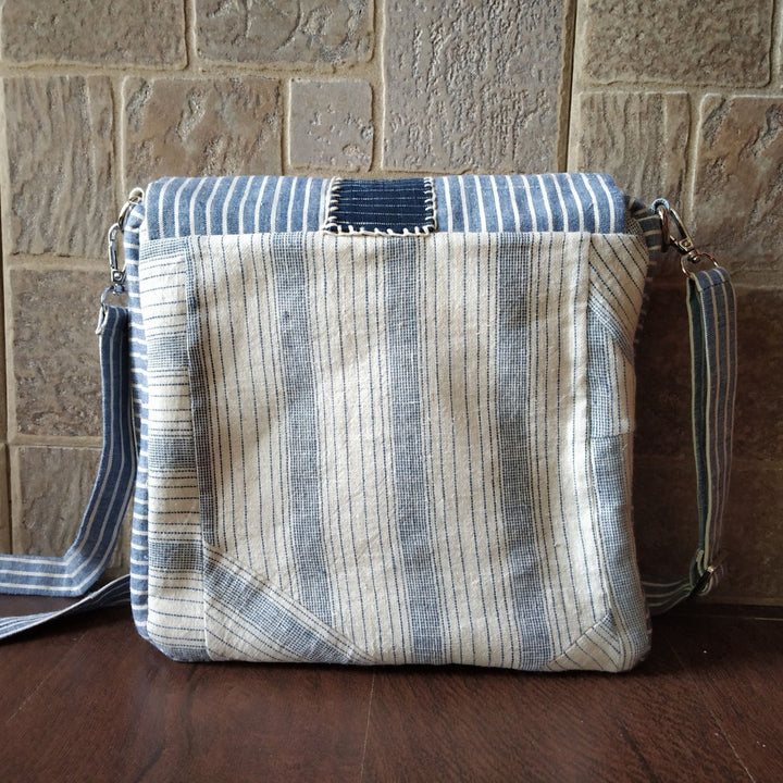 White & Ice Blue Kala Cotton Messenger Bag | Hand Crafted