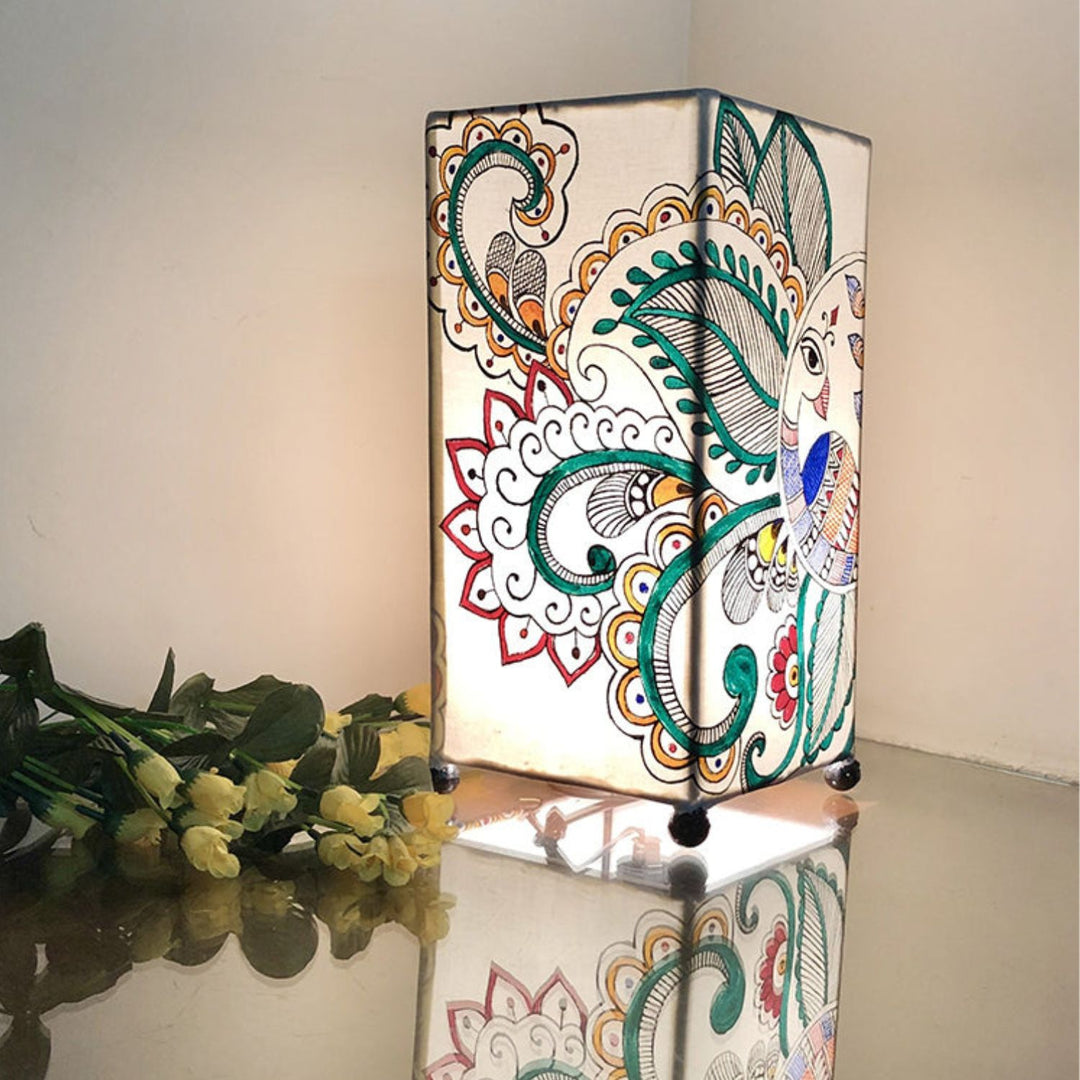 Madhubani Peacock Rectangular Table Lamp  | Hand-Painted | 12 X 6 Inch