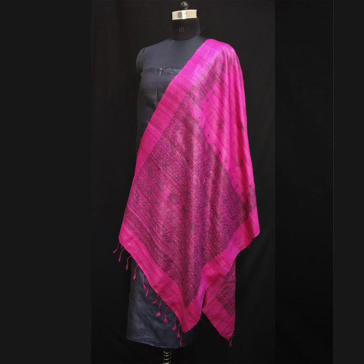 Shyla Madhubani Painted Tussar Stole | Monochrome Painting | Artistic | Magenta