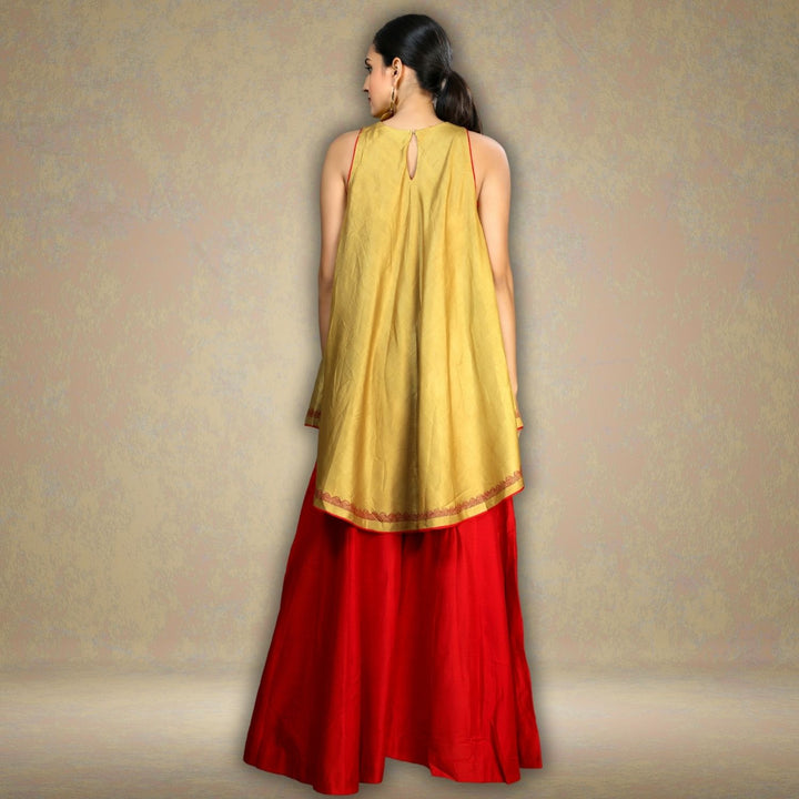 Asymmetric Madhubani Hand-Painted Cape Top | Tussar Eri Silk | Golden