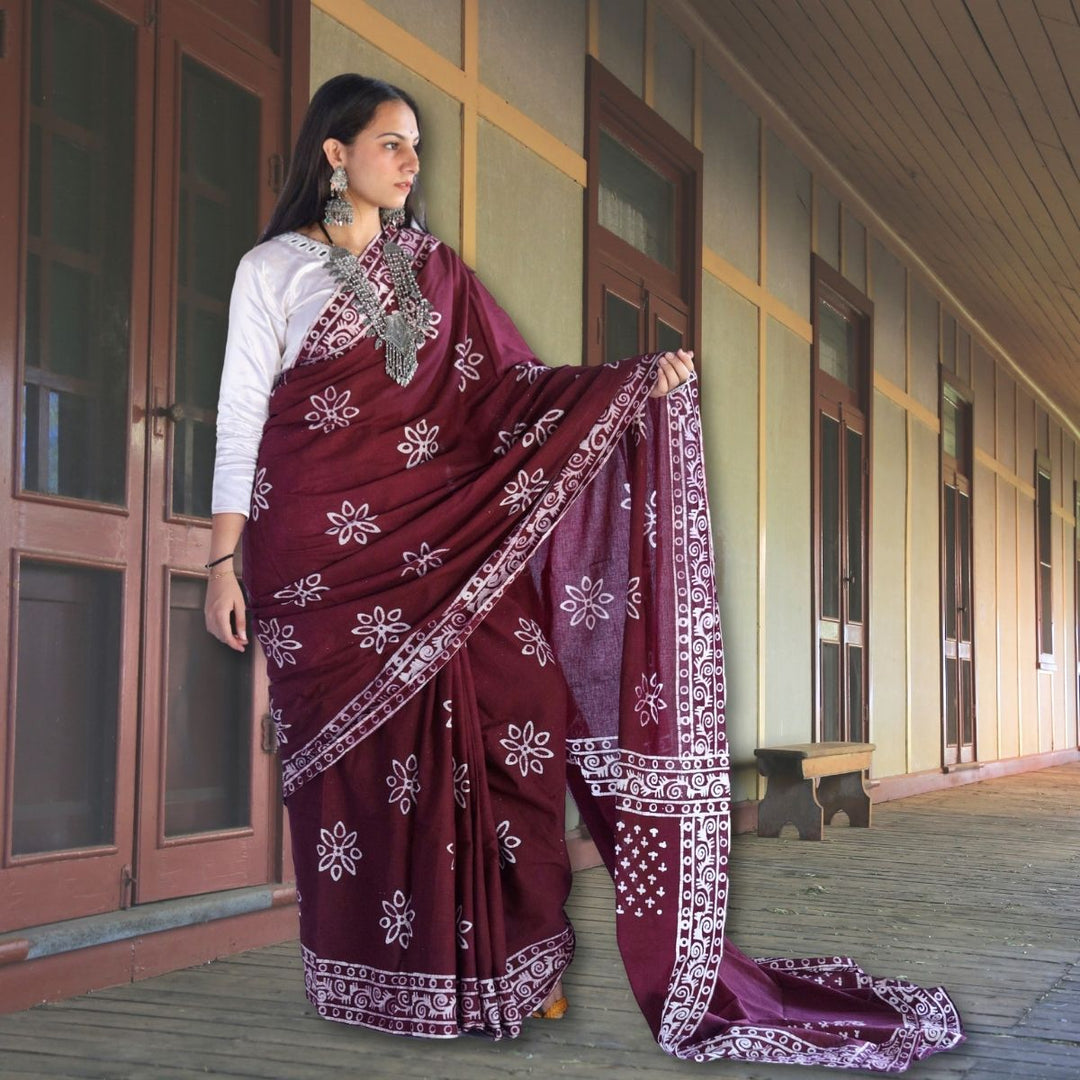 Maroon Batik Printed Hand Spun and Hand Woven Cotton Muslin Saree | Artisanal  | Flower Batik Print with Small Border 