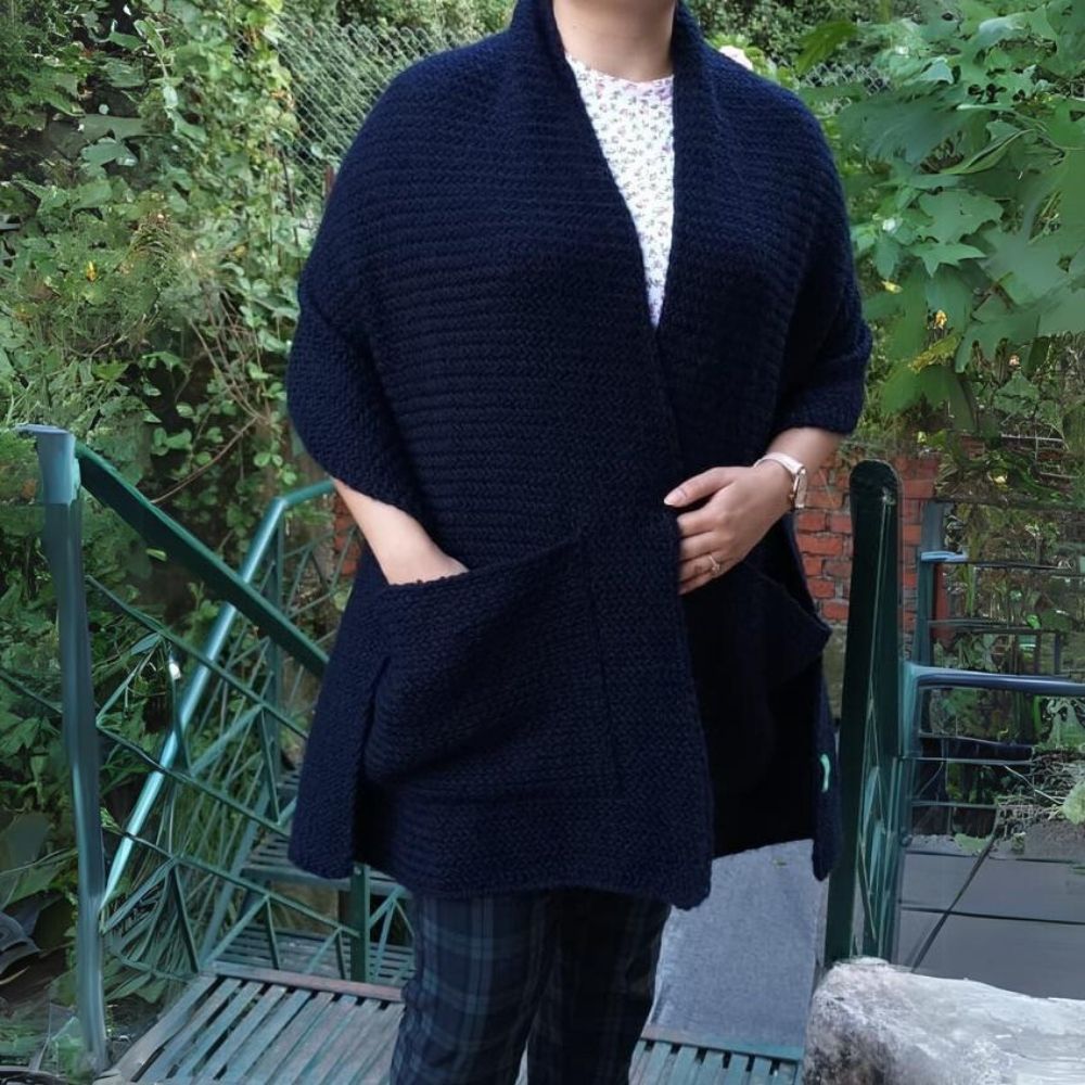 Navy Hand-Knitted Woollen Stole With Two Big Pockets | Stylish Winter Overlay for Women