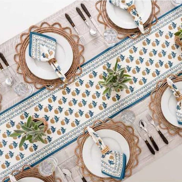 dining-table-runner-teal-blue-mustard-floral-print-cotton-12x72-inches