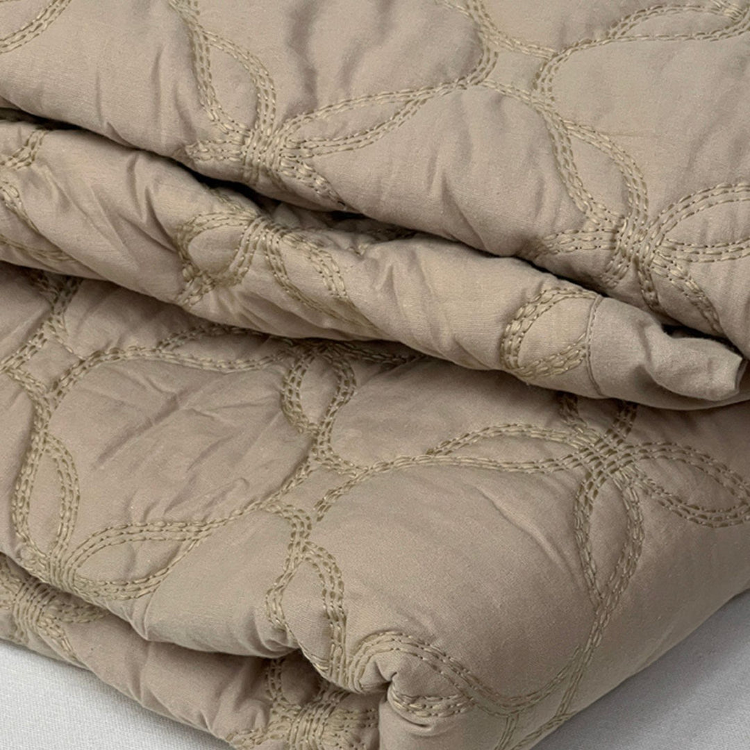 Stellate Flower Embroidered King Size Quilt | 100% Cotton | Beige