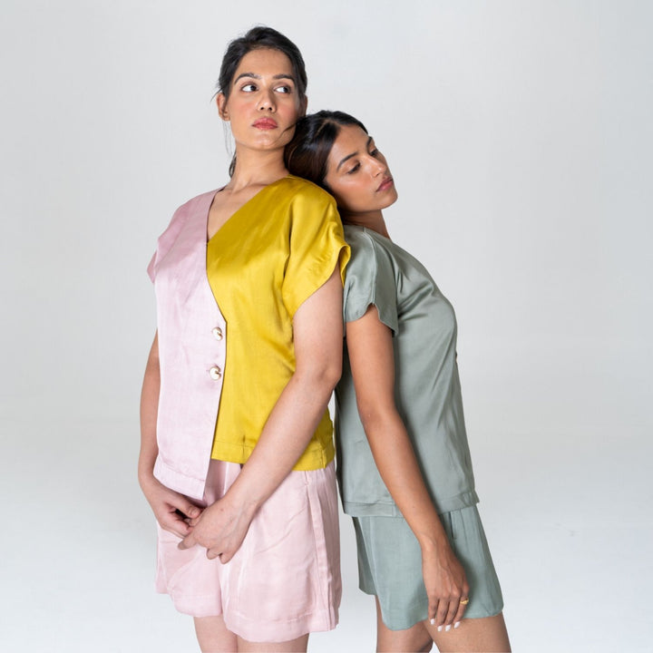 Green-Yellow Color-Blocked Short Co-ord Set | Modal | Effortless Style