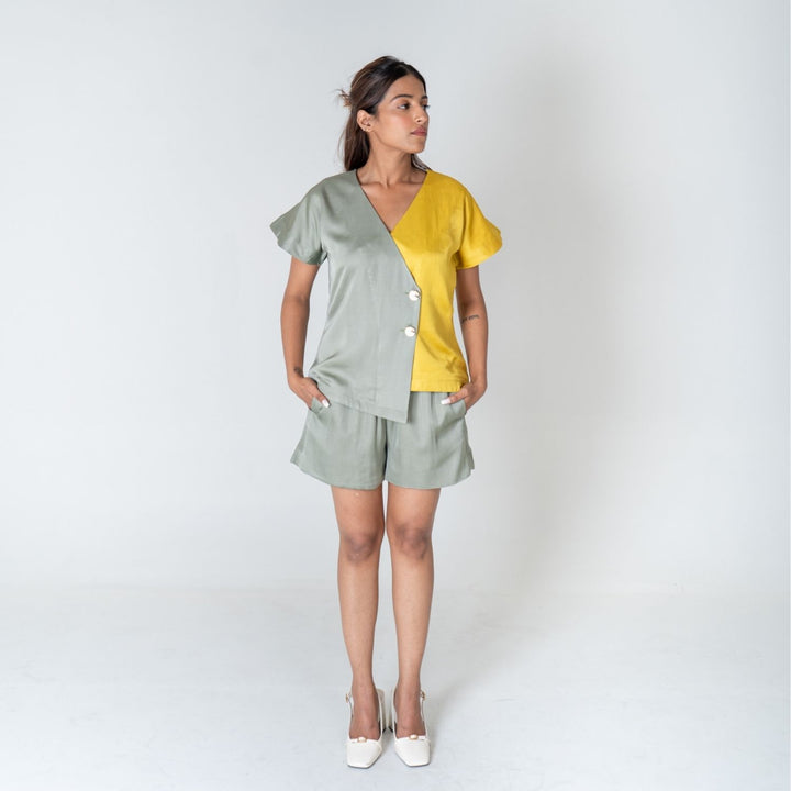 Green-Yellow Color-Blocked Short Co-ord Set | Modal | Effortless Style