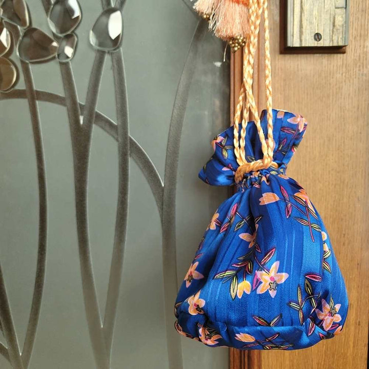 Cobalt Blue Floral Printed Potli Bag for Women | Hand-Crafted | Versatile