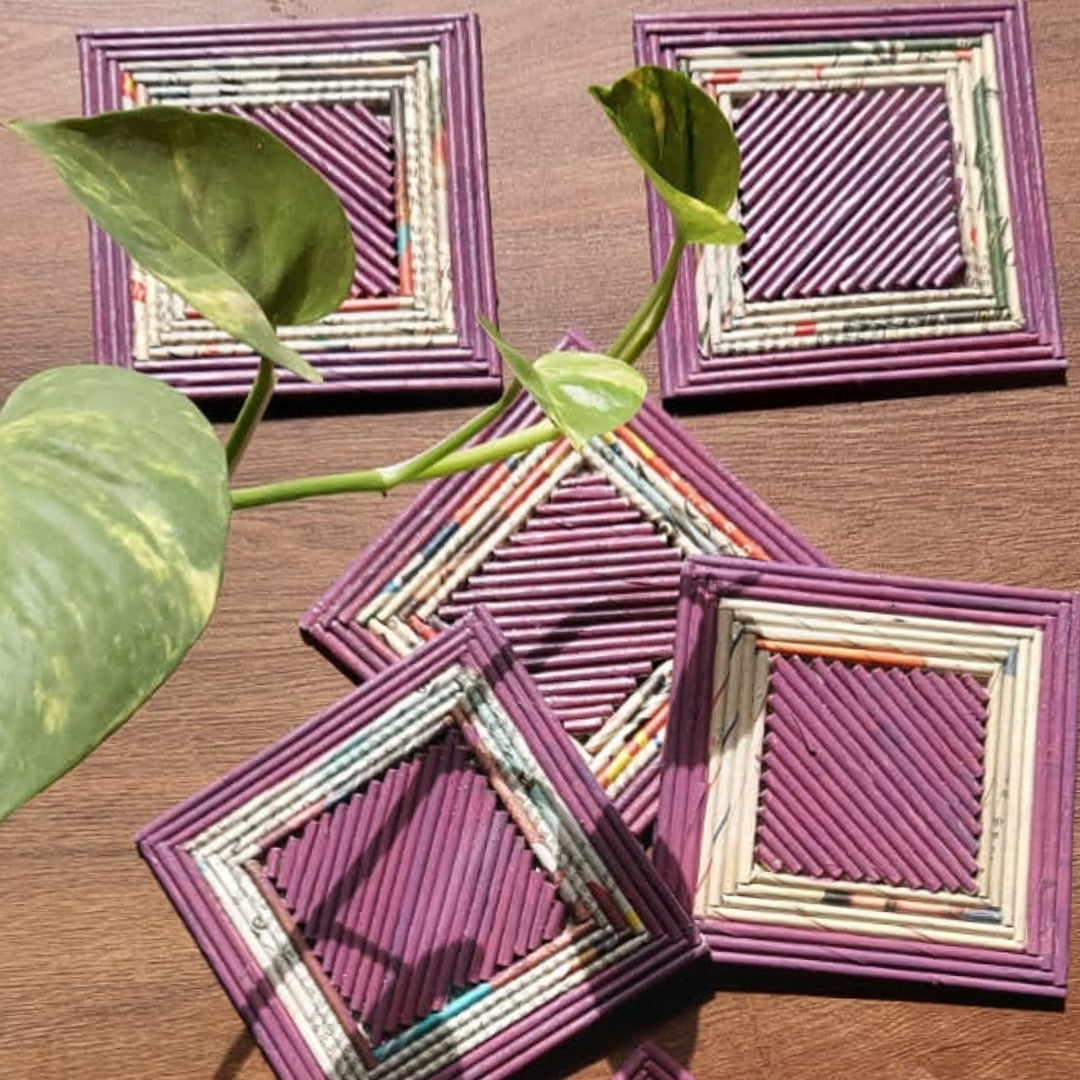 Lavender Square Coasters | Up-cycled & Paper Coiled Crafting | Durable | Set of 6