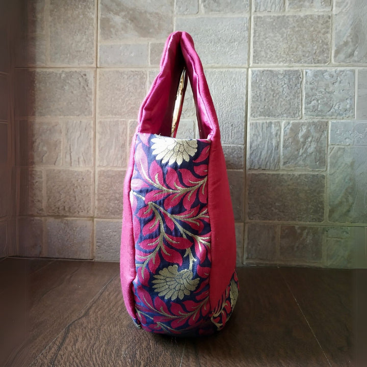 Magenta Round Silk & Banarasi Bag | For Festive Elegance