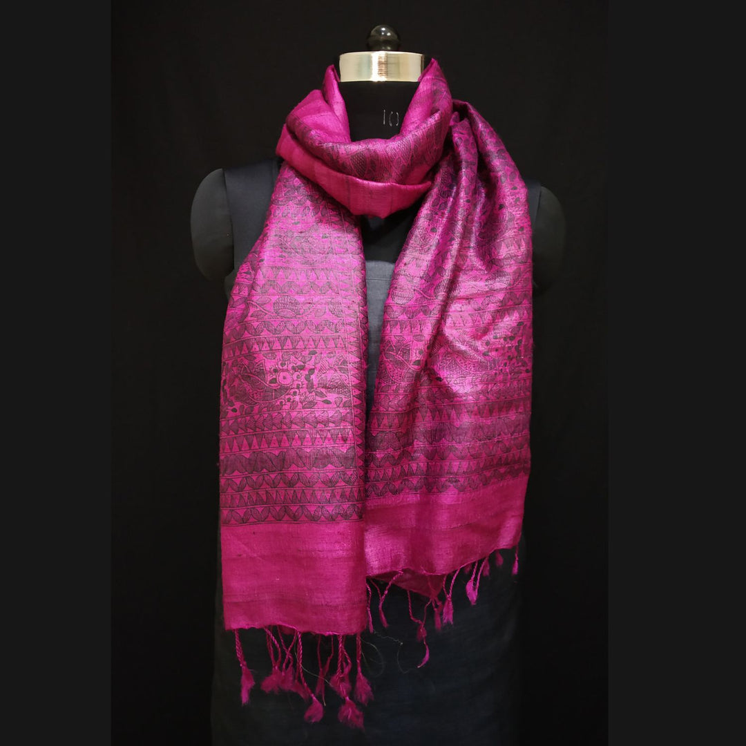 Shyla Madhubani Painted Tussar Stole | Monochrome Painting | Artistic | Magenta