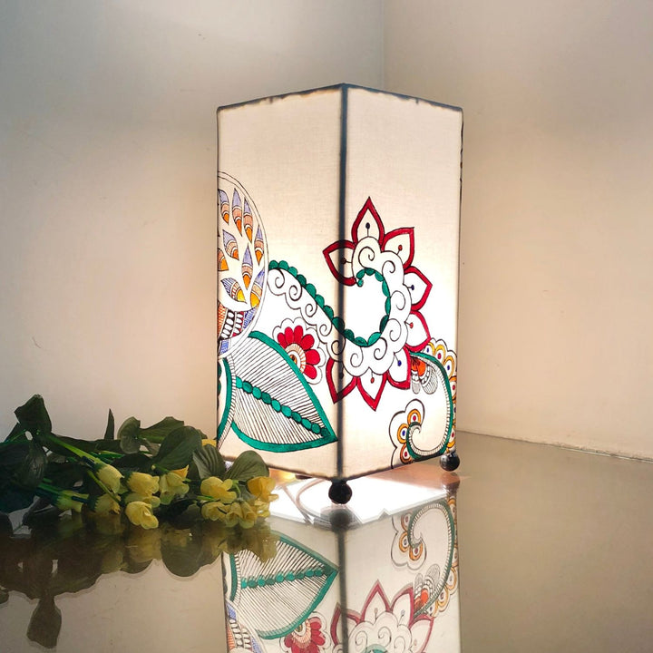 Madhubani Peacock Rectangular Table Lamp  | Hand-Painted | 12 X 6 Inch