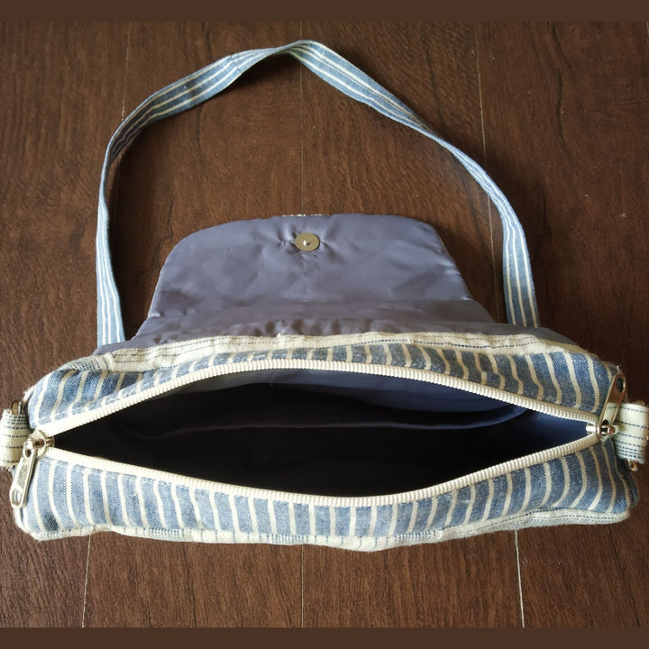 White & Ice Blue Kala Cotton Messenger Bag | Hand Crafted