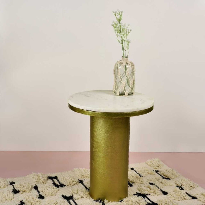 Marble Top Side Table In Round | Minimalistic Design | Modern Accent Table | Gold Finish | 17 Inches Tall