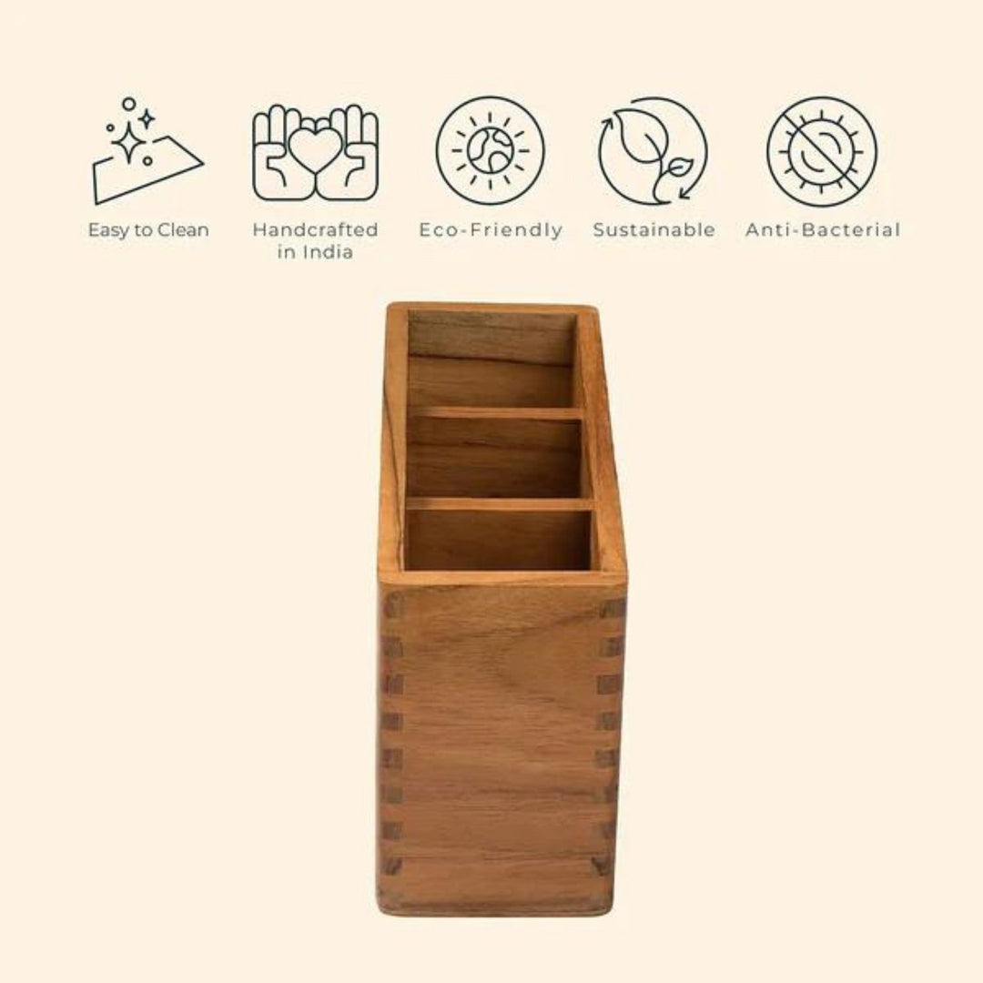 Cresta Cutlery Caddy | Premium Teak Wood | Hand-Crafted | 8 Inch