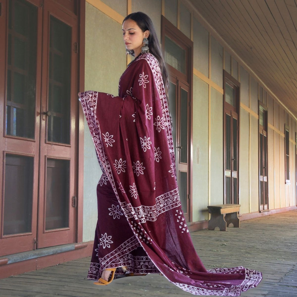 Maroon Batik Printed Hand Spun and Hand Woven Cotton Muslin Saree | Artisanal  | Flower Batik Print with Small Border 