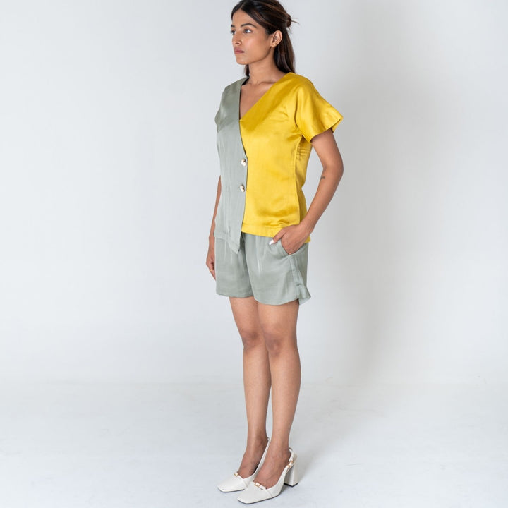Green-Yellow Color-Blocked Short Co-ord Set | Modal | Effortless Style