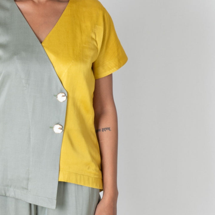 Green-Yellow Color-Blocked Short Co-ord Set | Modal | Effortless Style