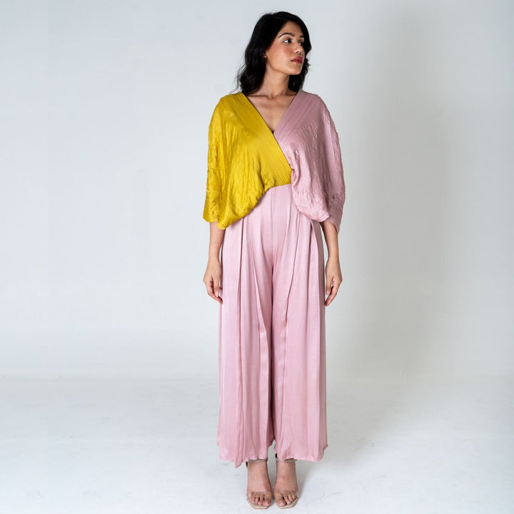 Pink-Yellow Color-Blocked Jumpsuit | Bemberg Modal | Minimalist Chic