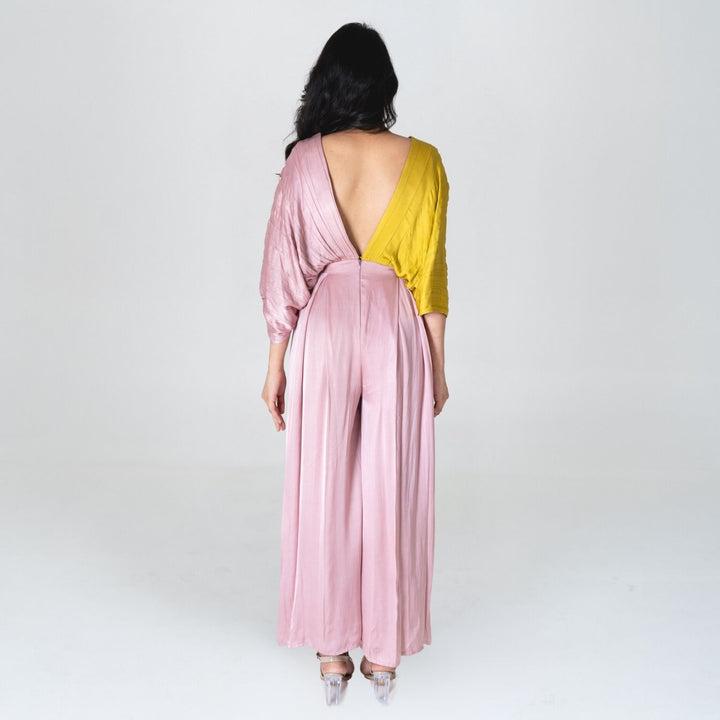 Pink-Yellow Color-Blocked Jumpsuit | Bemberg Modal | Minimalist Chic