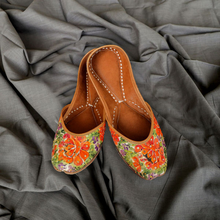 Mariegold Hand-Painted Pure Silk Women Juttis | Hand Embroidered | Orange