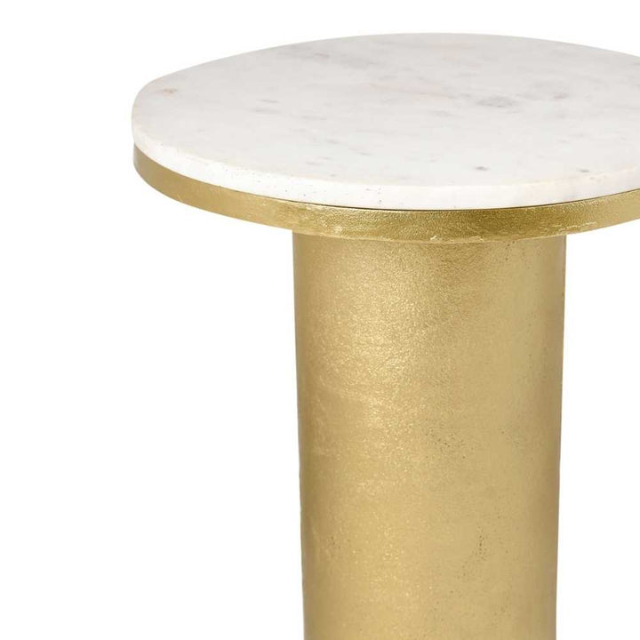 Marble Top Side Table In Round | Minimalistic Design | Modern Accent Table | Gold Finish | 17 Inches Tall