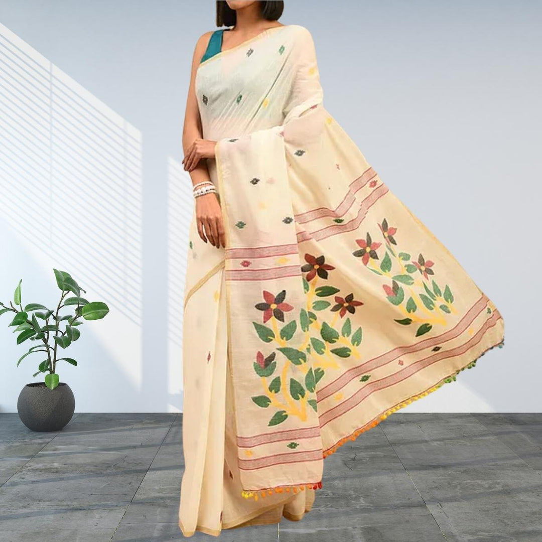 Off-White Jamdani Cotton Mul Mul Saree | Elegant | Super Soft | Light Weight