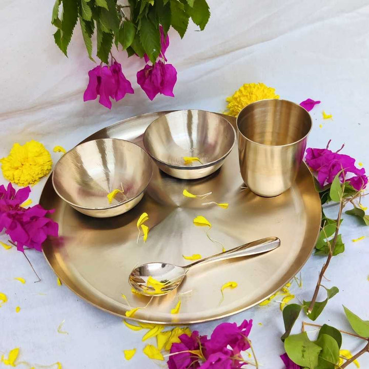 Kansa Fine Polished Dinner Set | Hand-Crafted In Bronze | 11" Thali In Set Of 5