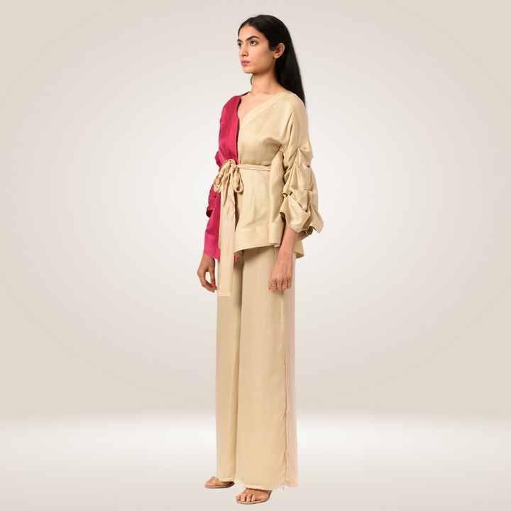 Berry And Ecru Colour Block Cape Co-ord Set | Bemberg Modal Silk