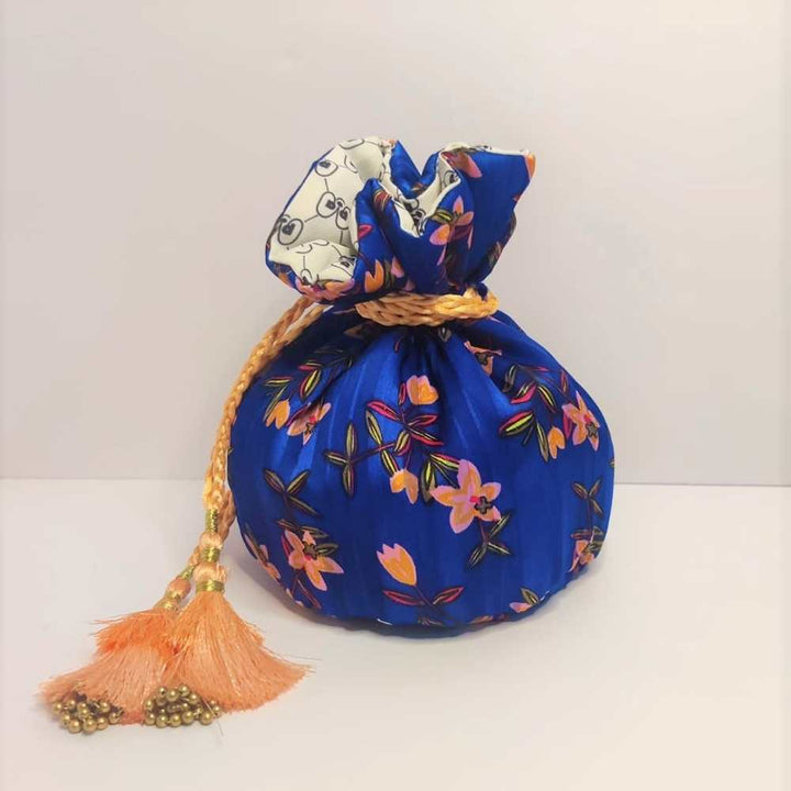 Cobalt Blue Floral Printed Potli Bag for Women | Hand-Crafted | Versatile