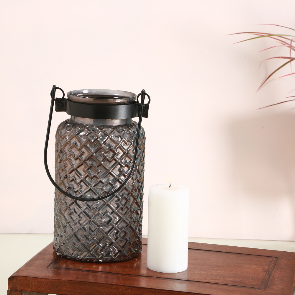 Patterned Glass Black Lustre Lantern | Table Top Accent | Festive Decor | Black | 12"