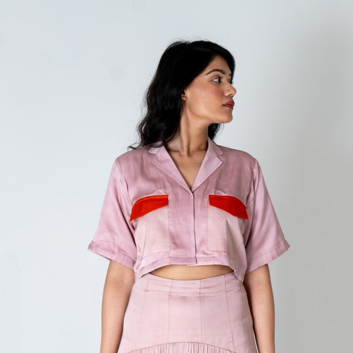 Pink-Orange Color-Blocked Crop Top | Hand-Crafted in Modal Silk