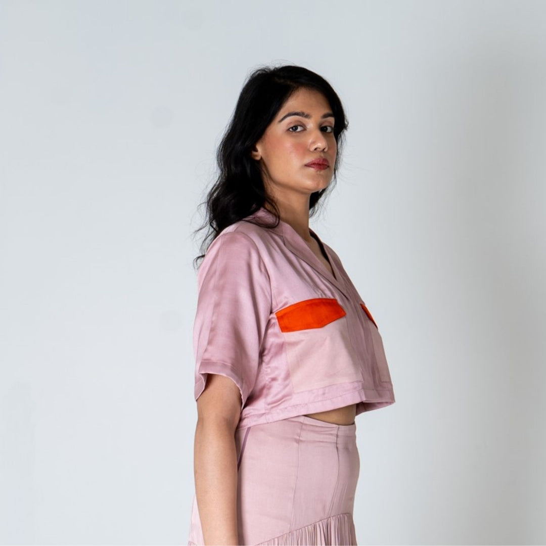 Pink-Orange Color-Blocked Crop Top | Hand-Crafted in Modal Silk