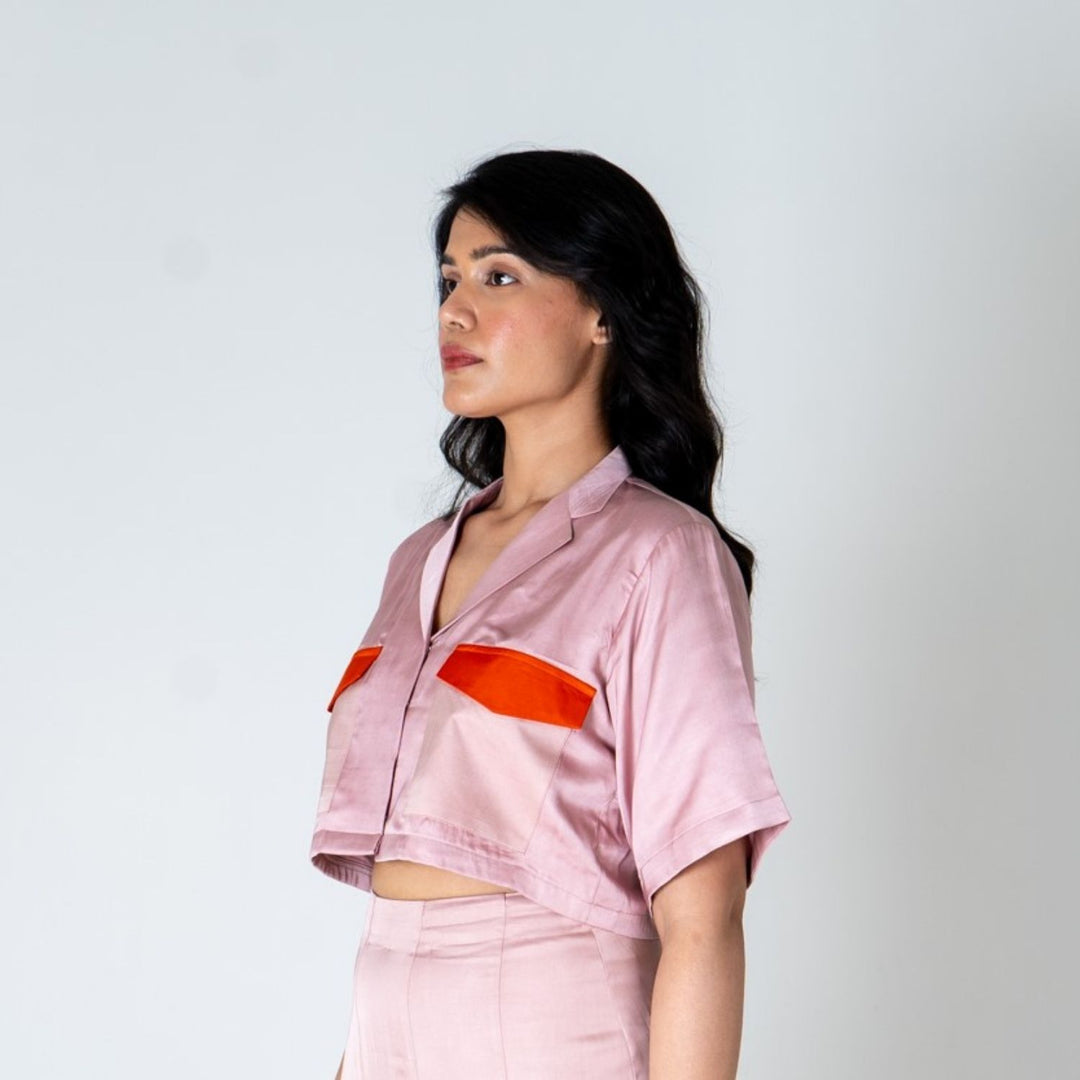 Pink-Orange Color-Blocked Crop Top | Hand-Crafted in Modal Silk