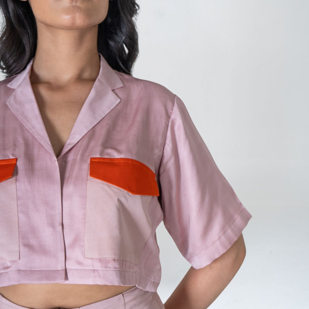 Pink-Orange Color-Blocked Crop Top | Hand-Crafted in Modal Silk