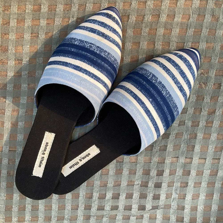 Stripe Printed Curved Mules | Hand-Crafted in R-Elan Fabric | Blue