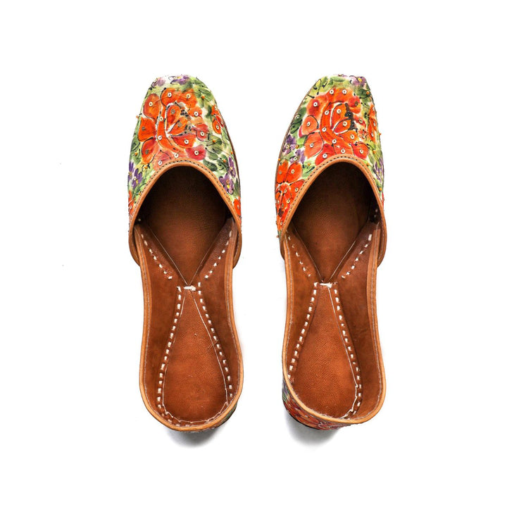 Mariegold Hand-Painted Pure Silk Women Juttis | Hand Embroidered | Orange