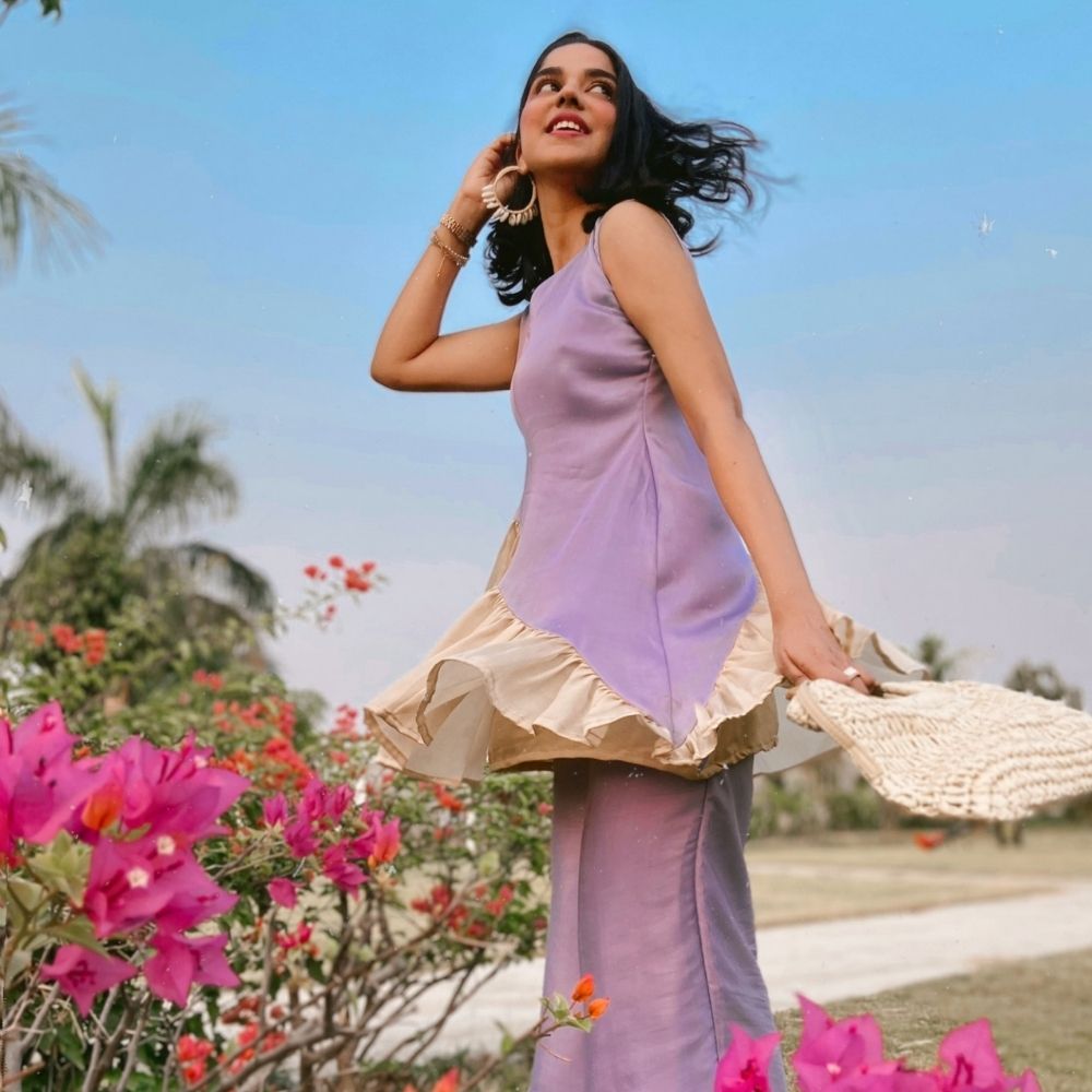 Colour Blocked Kurta Set | Crafted in Modal | Lilac And Beige