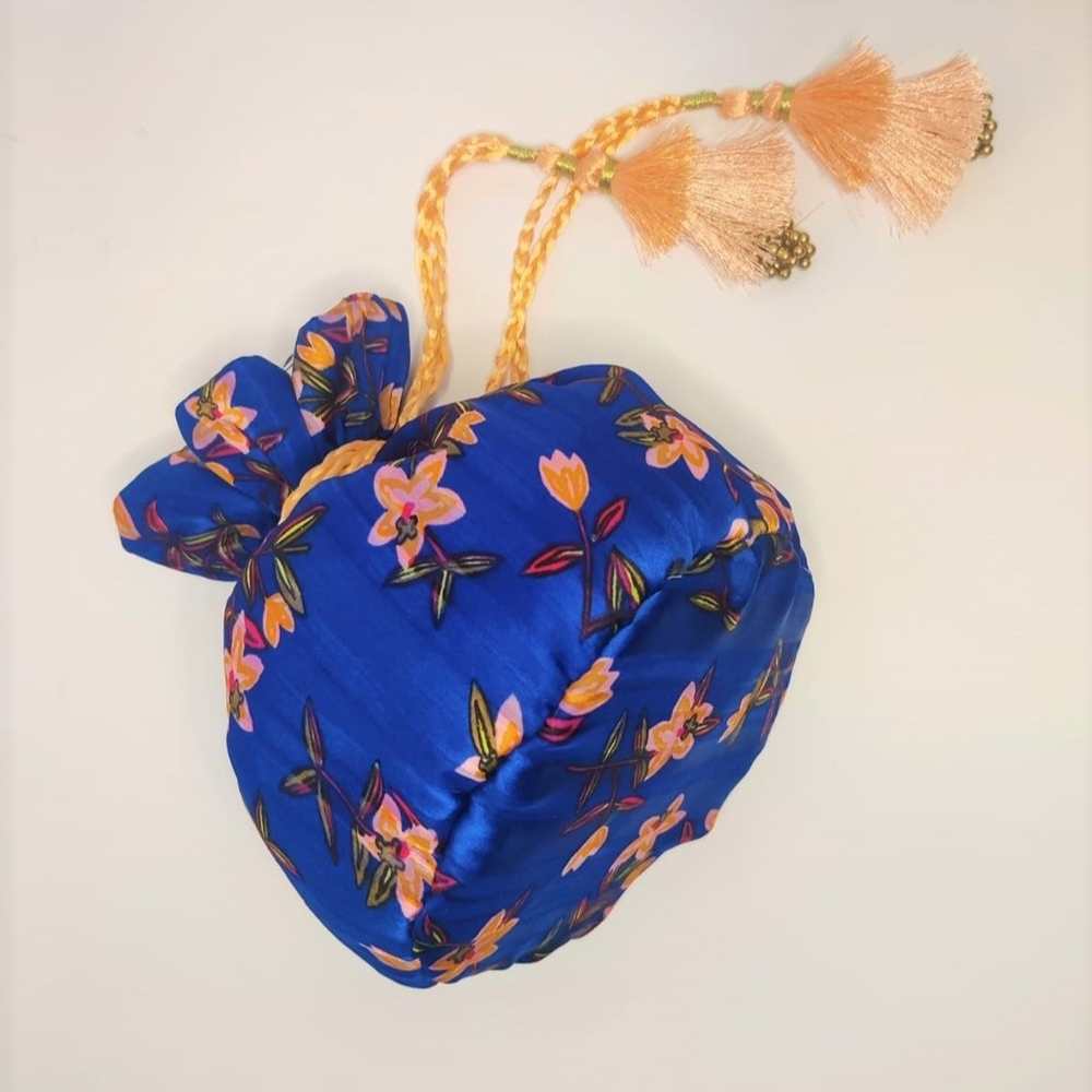 Cobalt Blue Floral Printed Potli Bag for Women | Hand-Crafted | Versatile