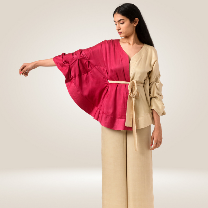 Berry And Ecru Colour Block Cape Co-ord Set | Bemberg Modal Silk