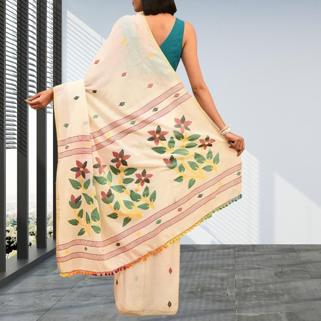 Off-White Jamdani Cotton Mul Mul Saree | Elegant | Super Soft | Light Weight