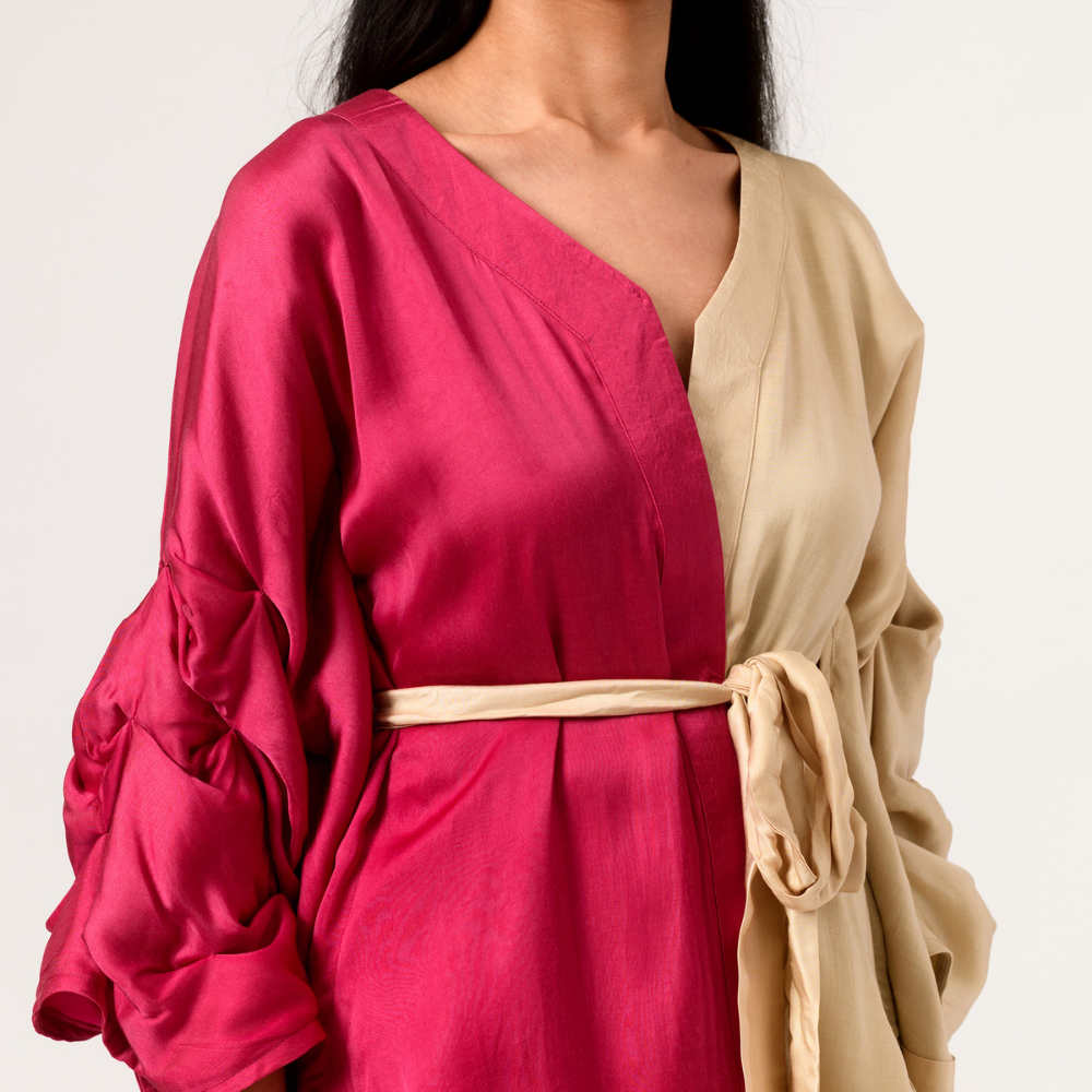 Berry And Ecru Colour Block Cape Co-ord Set | Bemberg Modal Silk